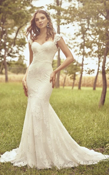 Lace Cap Sleeve Mermaid Wedding Dress with Open Back and Buttons