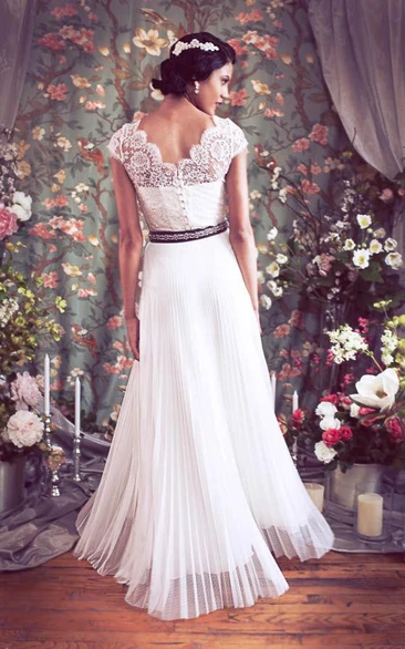 Chiffon Wedding Dress with Cap Sleeves and Button Back Bateau Neckline