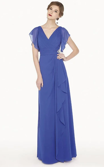 A-Line Chiffon Prom Dress with V-Neck Short Ruffled Sleeves and Side Drape Long