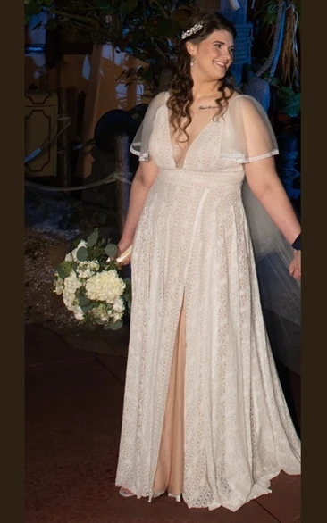 Plus Size Beach Comfort Wedding Dress Sheath V-neck Floor-length Full Body Lace Short Sleeve Bridal Gown