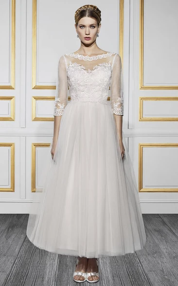 Appliqued Tulle 3-4 Sleeve Bateau Neck Wedding Dress Vintage Bridal Gown