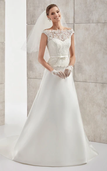 Lace Bodice Satin Wedding Dress with Cap-Sleeves and Jewel-Neckline