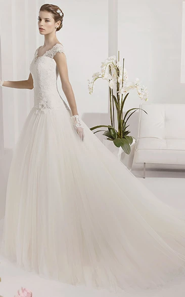 V Neck Tulle Ball Gown with Wrap Waist Modern Wedding Dress