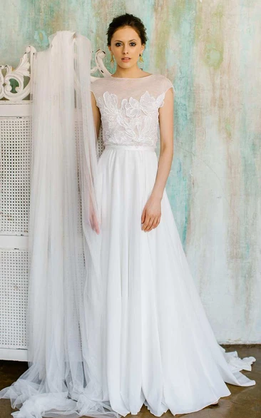 Floral Lace Chiffon and Satin Wedding Dress Unique Bridal Gown