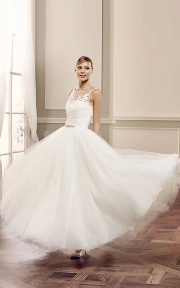 Bateau Appliqued Tulle A-Line Wedding Dress with Pleats