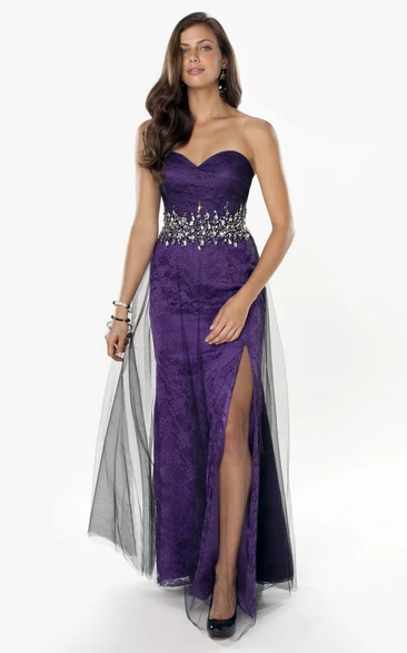 Split Front Lace Sheath Formal Dress with Sweetheart Neckline and Waist Jewelry