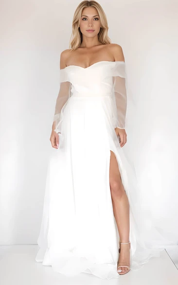 Sexy Sweetheart A-Line Front Split Simple Tulle Off-the-Shoulder Solid Satin Dress