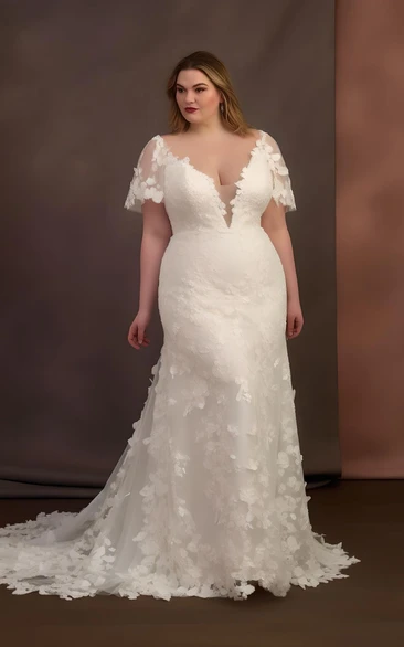 Bohemian Lace Tulle Plus Size Short Sleeve Wedding Dress with Appliques Garden Style