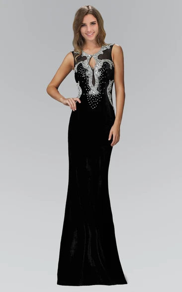 Sleeveless Scoop-Neck Jersey Formal Dress with Beading and Keyhole