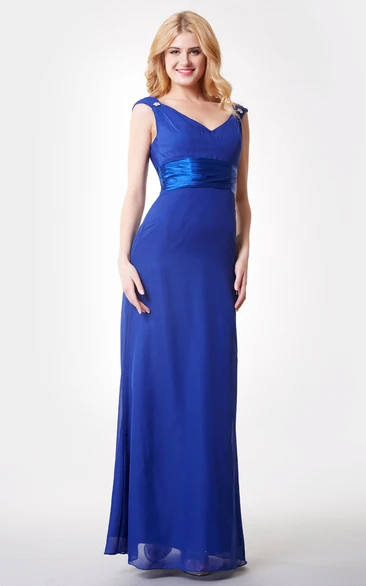 Long Chiffon A-line Dress with V-back and Cap Sleeves for Prom