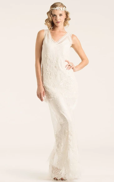 Beaded Lace V-Neck Wedding Dress with Appliques Floor-Length V-Back