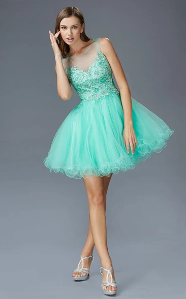 Sleeveless Tulle Illusion Prom Dress with Appliques and Ruffles