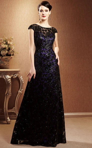 Long Sequin Gown with V-Back Cap-Sleeved