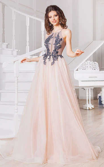 High-end Bateau Neck Tulle Evening Dress with Appliques A-Line Elegant