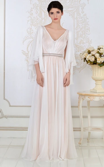 A-Line Beaded Tulle Evening Dress with Poet-Sleeve and V-Neck