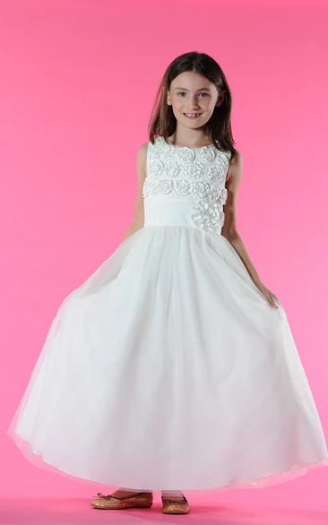 Tulle Ball Gown with Flower Bodice Flower Girl Dress Scoop Neck