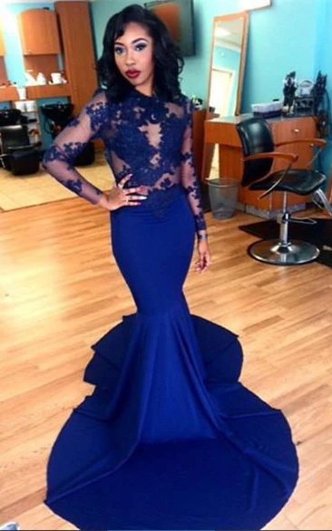 Long Sleeve Royal Blue Lace Applique Bridesmaid Dress