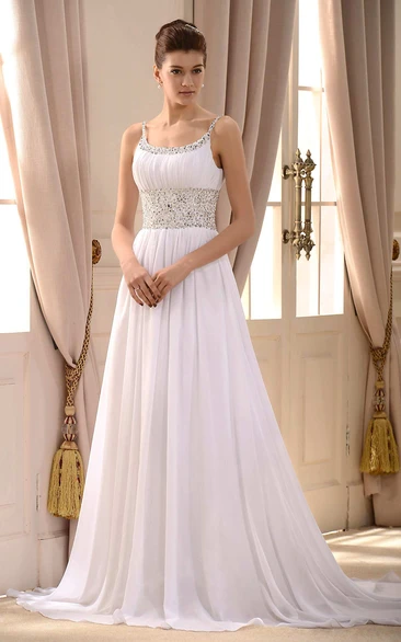 Beaded Spaghetti Strap Chiffon A-line Wedding Dress with Pleats