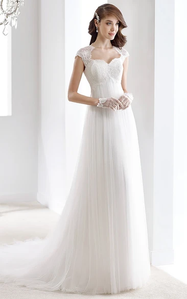 Draping Bridal Gown with Cap Sleeves and Queen-Anna Neckline