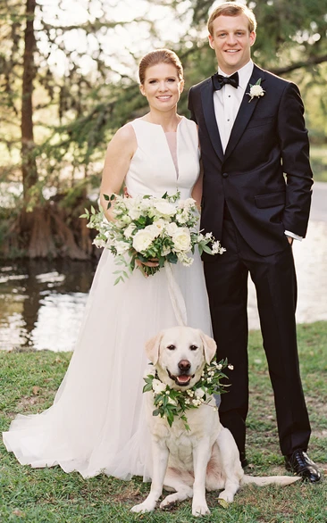 Ethereal Satin Tulle A-Line Wedding Dress with Plunging Neck and Sweep Train