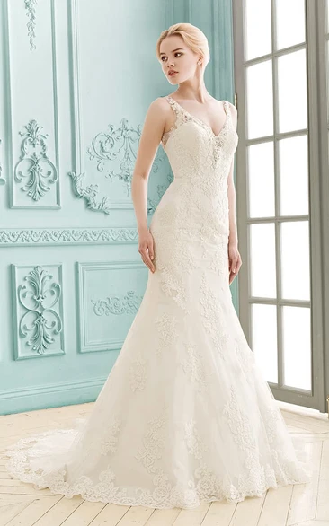 V-Neck Sheath Lace Wedding Dress with Crystal Detailing and Appliques