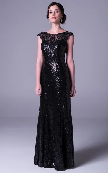 Appliqued Cap-Sleeve Sequin Prom Dress Sheath Floor-Length