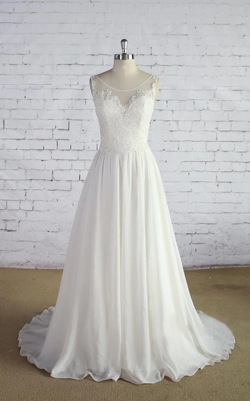 Sleeveless Chiffon A-Line Wedding Dress with Lace Bodice and Scoop Neck
