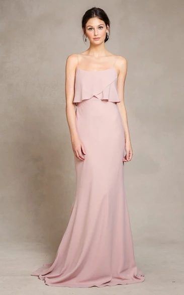 Spaghetti Chiffon Bridesmaid Dress with Brush Train Floor-Length Sleeveless