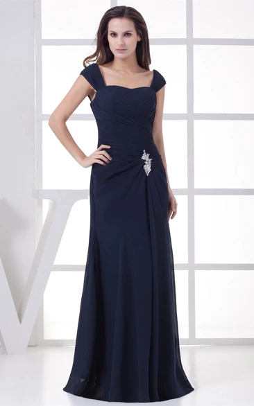 Chiffon Evening Dress with Broach Floor-Length Caped-Sleeve Formal Dress