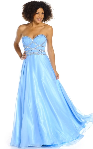 Long Sweetheart A-Line Tulle&Satin Prom Dress Sleeveless and Beaded