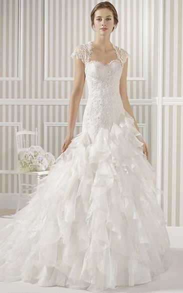 Long Beaded A-Line Organza Wedding Dress with Appliques