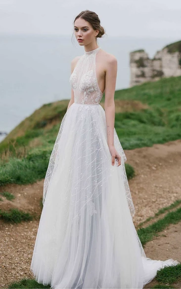 A-Line Tulle Dress with Appliques and High Neck Unique Wedding Gown