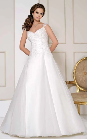 Satin Cap-Sleeve Wedding Dress with V-Neckline and Chapel Train Timeless Bridal Gown