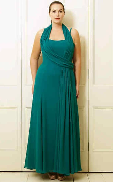 Haltered Ankle-Length Pleated Chiffon Prom Dress for Plus Size