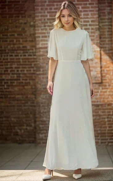 Solid Simple Flutter Sleeves Jewel Neck A-Line Bride Wedding Dress with Sash Reception