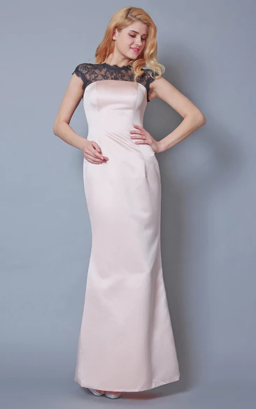 Short Sleeve Satin Bridesmaid Dress with Illusion Back Bateau Neck