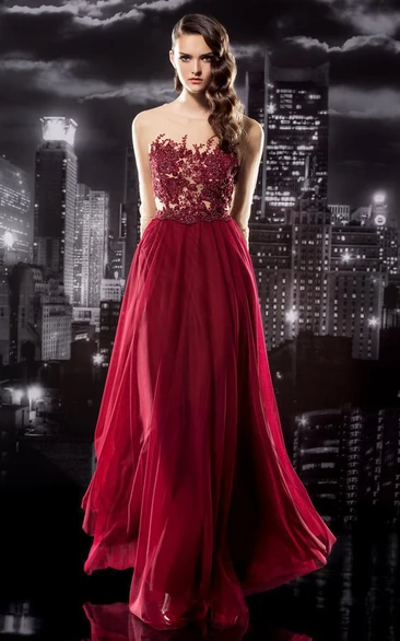 Maxi Illusion Formal Dress with Scoop-Neck Long Sleeves and Chiffon Appliques