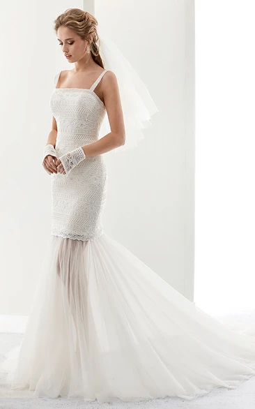 Lace Sheath Wedding Dress with Square Neckline and Detachable Tulle Bottom