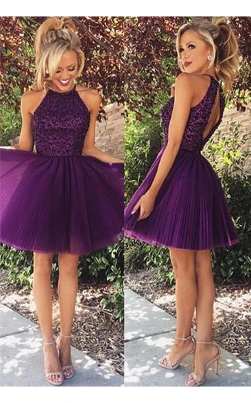 Purple Beaded High Neck Short Homecoming Dress Elegant & Classy