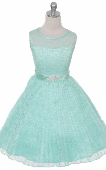 Illusion Tea-Length Lace&Satin Flower Girl Dress Unique Dress for Girls