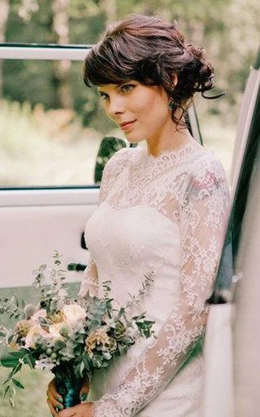 Knee-Length Lace Wedding Dress with Long Sleeves and High Neck Classy Bridal Gown
