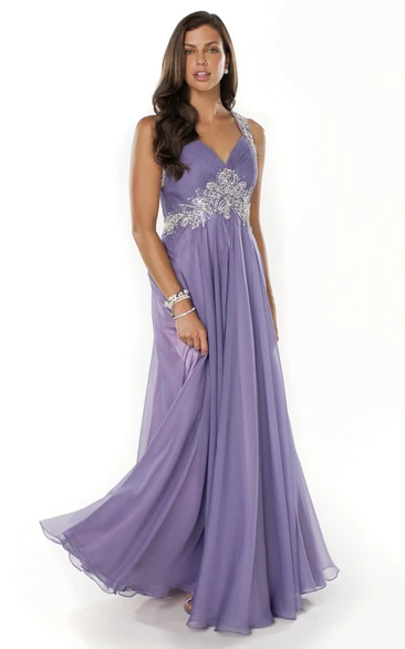 Chiffon V-Neck Beaded A-Line Formal Dress with Pleats