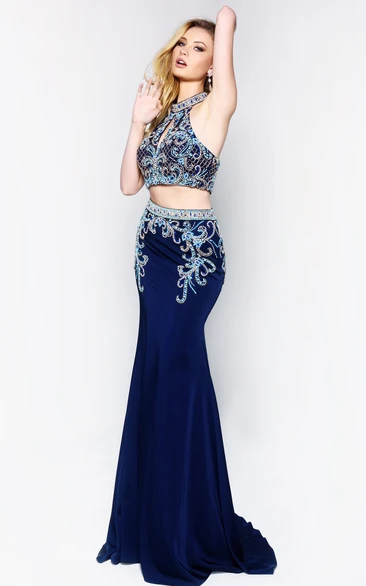 Two-Piece Sheath Jersey Dress with Jewel-Neck and Beading Detail