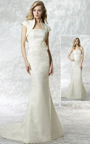 Floor-Length Lace Wedding Dress with V-Back Cape and Strapless Sheath Silhouette