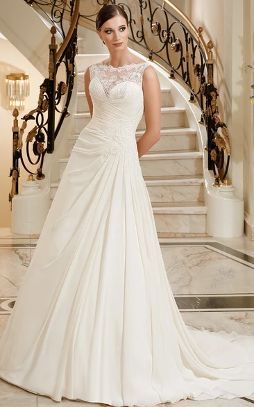 Jewel-Neck Appliqued A-Line Wedding Dress with Side Draping Maxi Length