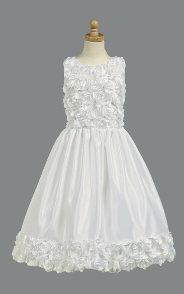 Tiered Satin Tea-Length Flower Girl Dress with Floral Embroidery