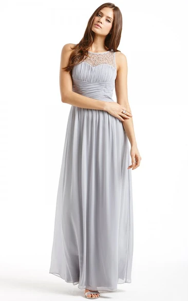 Sleeveless Ruched Chiffon Bridesmaid Dress with Bateau Neck Ankle-Length