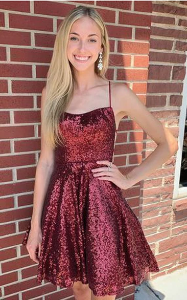 Cross Back Sequin A-Line Homecoming Dress with Spaghetti Neckline Adorable & Short