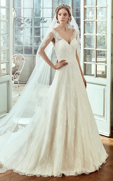 Cap-Sleeve Lace Wedding Dress with Sweetheart Neckline and Low-V Back