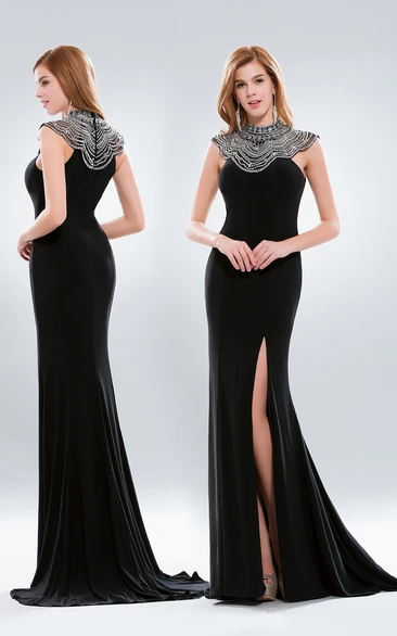 High Neck Sheath Jersey Formal Dress with Split Front and Cap-Sleeve Beading